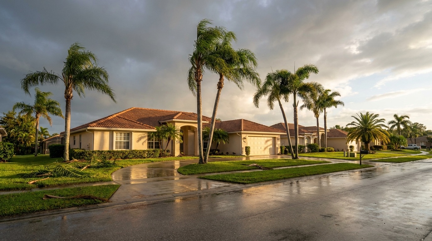 A Florida home and street after a storm, with clearing golden light